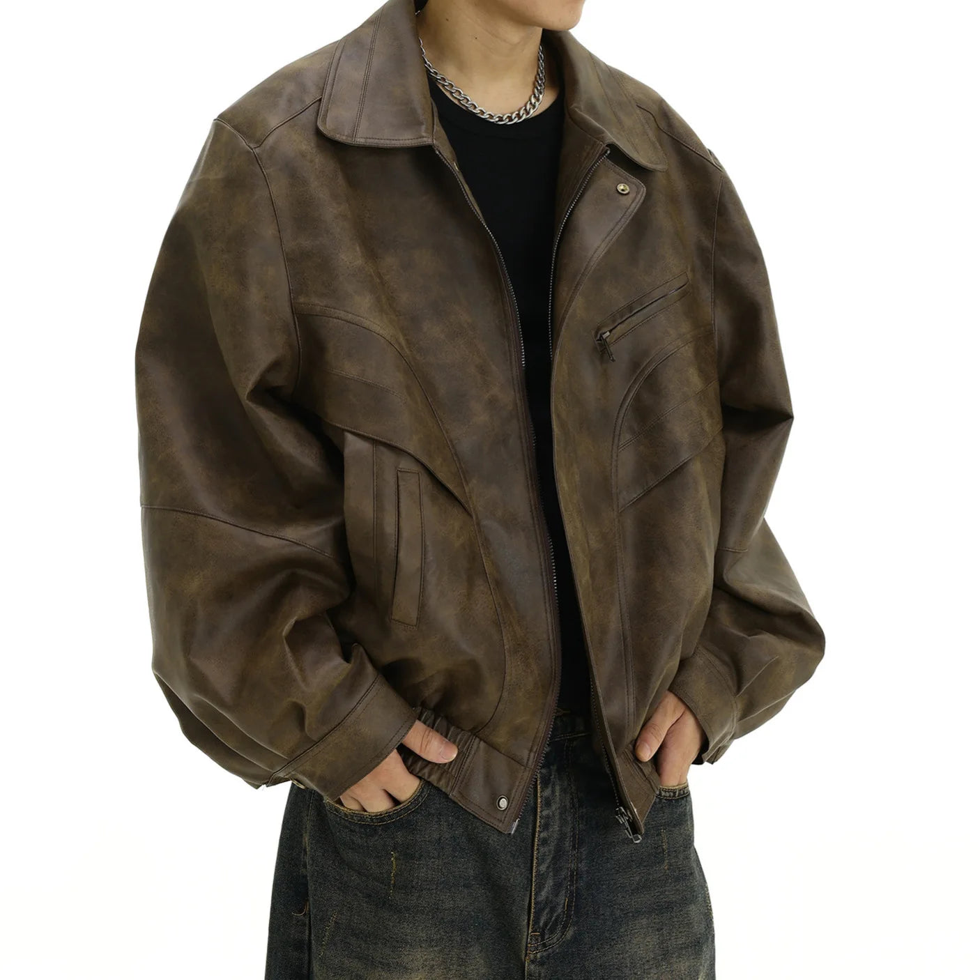 American Vintage New Fashion Men's Turn-down Collar Long Sleeve Casual Trendy Simple Basic Faux Leather Coats Male Jackets Tops