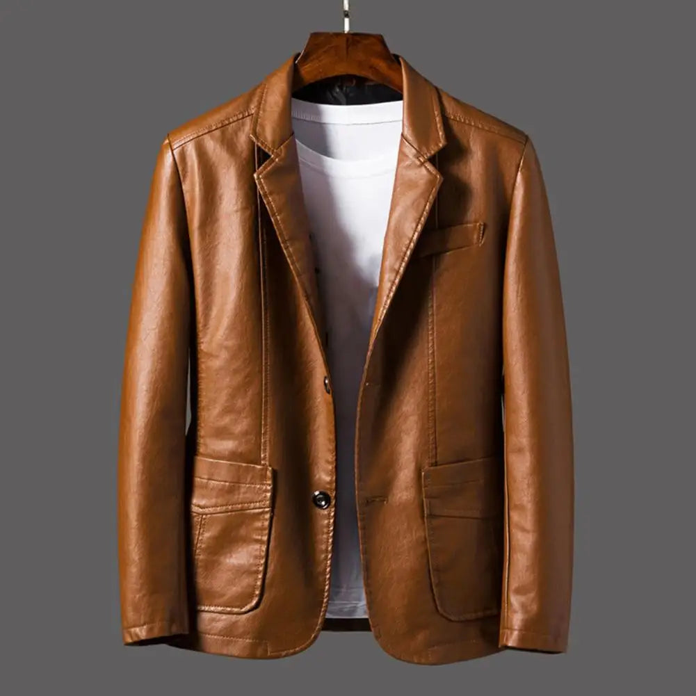 2024 Men’s PU Leather Blazer Jacket – Korean Style Slim Fit Business Leather Coat Outerwear
