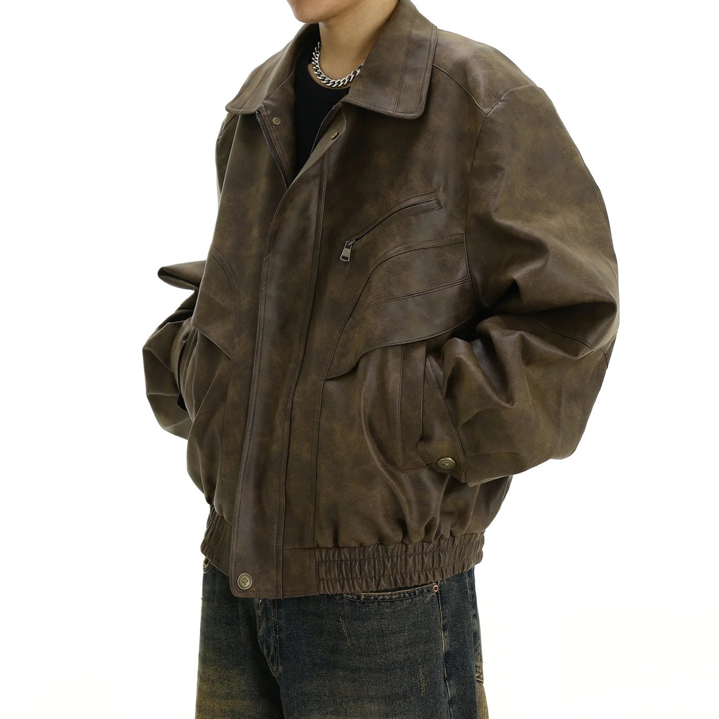 American Vintage New Fashion Men's Turn-down Collar Long Sleeve Casual Trendy Simple Basic Faux Leather Coats Male Jackets Tops