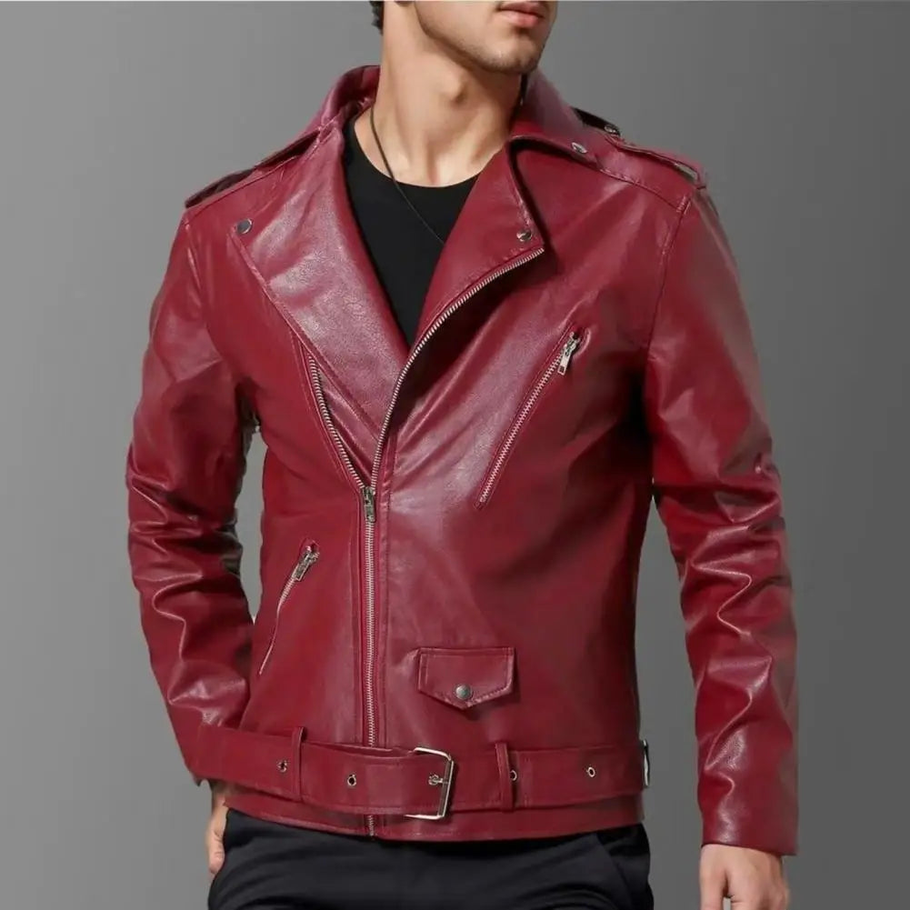 Men’s Slim Fit Faux Leather Short Jacket – Stylish Windproof Coat with Diagonal Zipper & Belt Adjustment