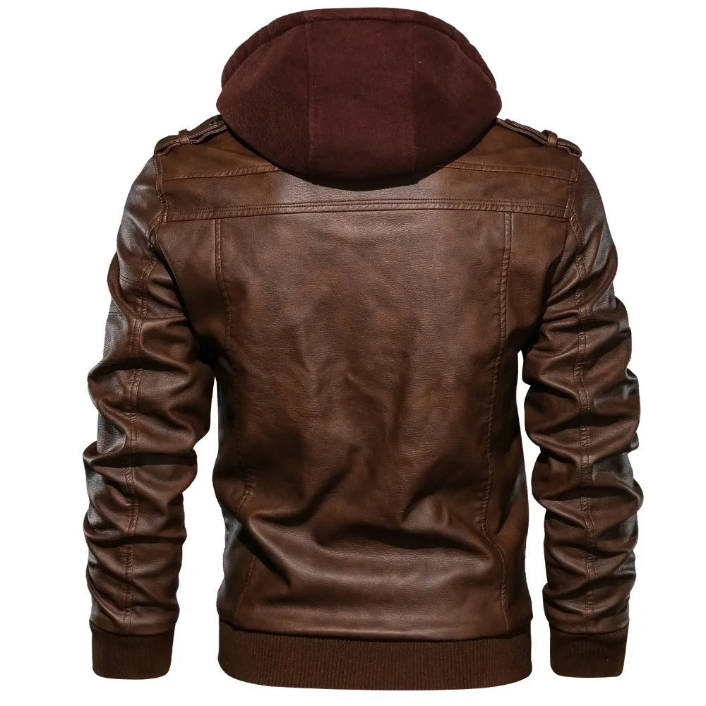 Vintage PU Leather Locomotive Jacket – Men’s Detachable Hooded Autumn & Winter Jacket