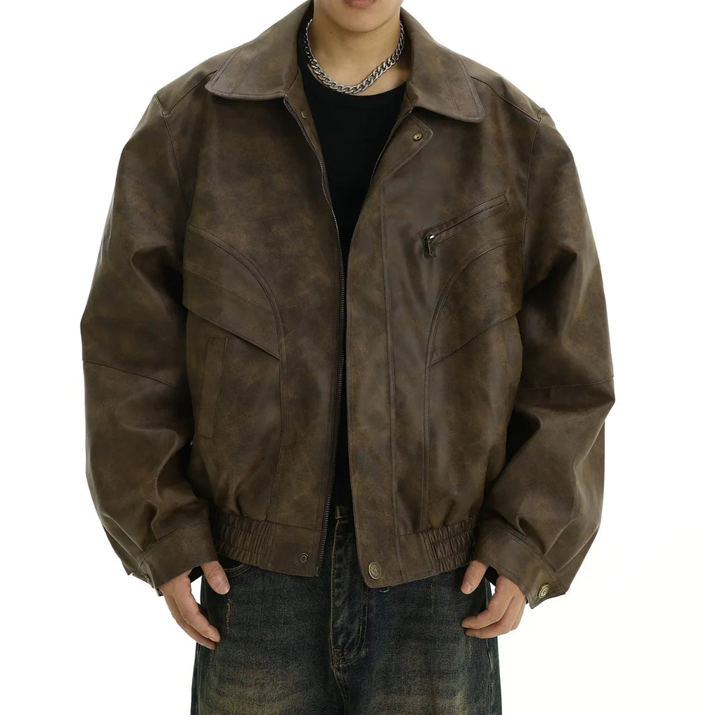 American Vintage New Fashion Men's Turn-down Collar Long Sleeve Casual Trendy Simple Basic Faux Leather Coats Male Jackets Tops