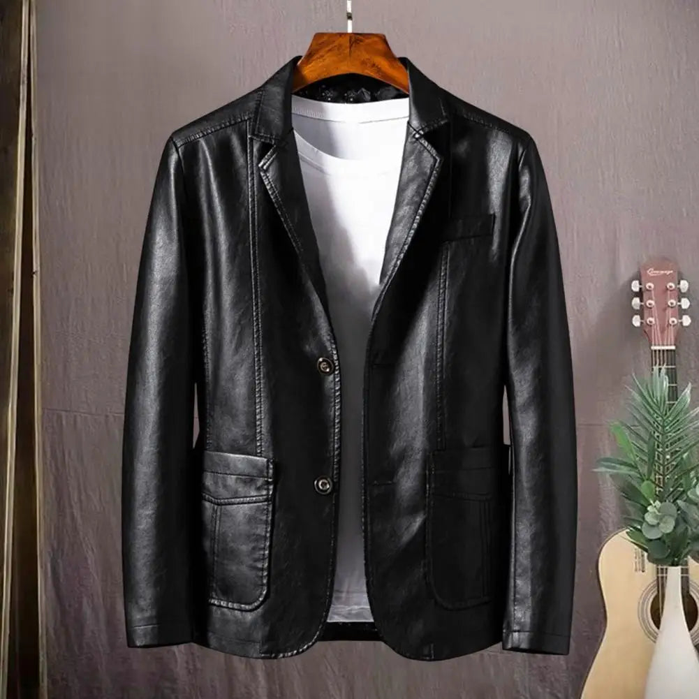 2024 Men’s PU Leather Blazer Jacket – Korean Style Slim Fit Business Leather Coat Outerwear