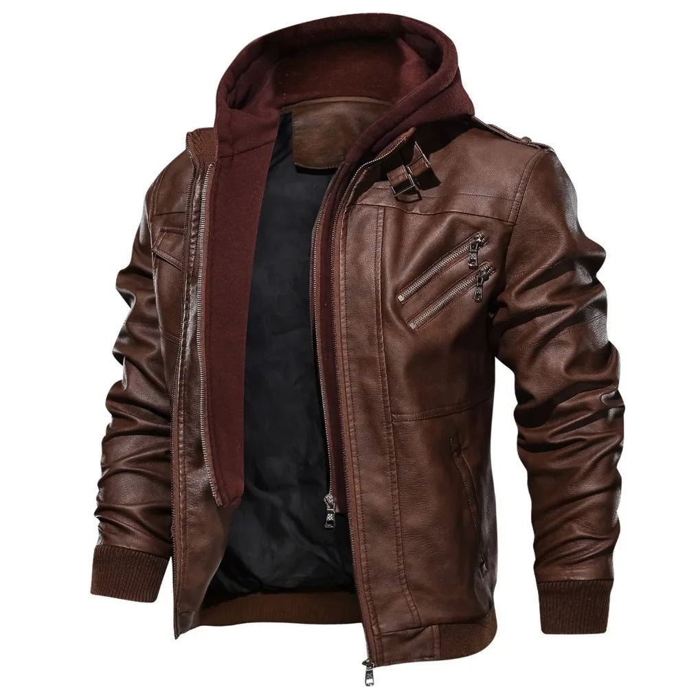 Vintage PU Leather Locomotive Jacket – Men’s Detachable Hooded Autumn & Winter Jacket