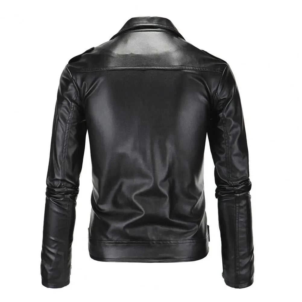 Men’s Slim Fit Faux Leather Short Jacket – Stylish Windproof Coat with Diagonal Zipper & Belt Adjustment