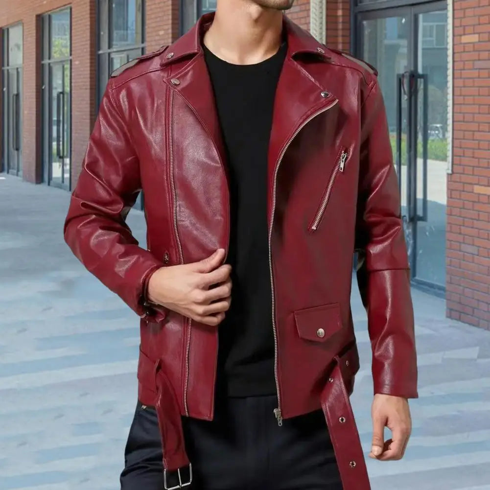 Men Faux Leather Jacket Solid Color Long Sleeves Male Coat With Diagonal Zipper Slim Fit Belt Adjustment Windproof Coat
